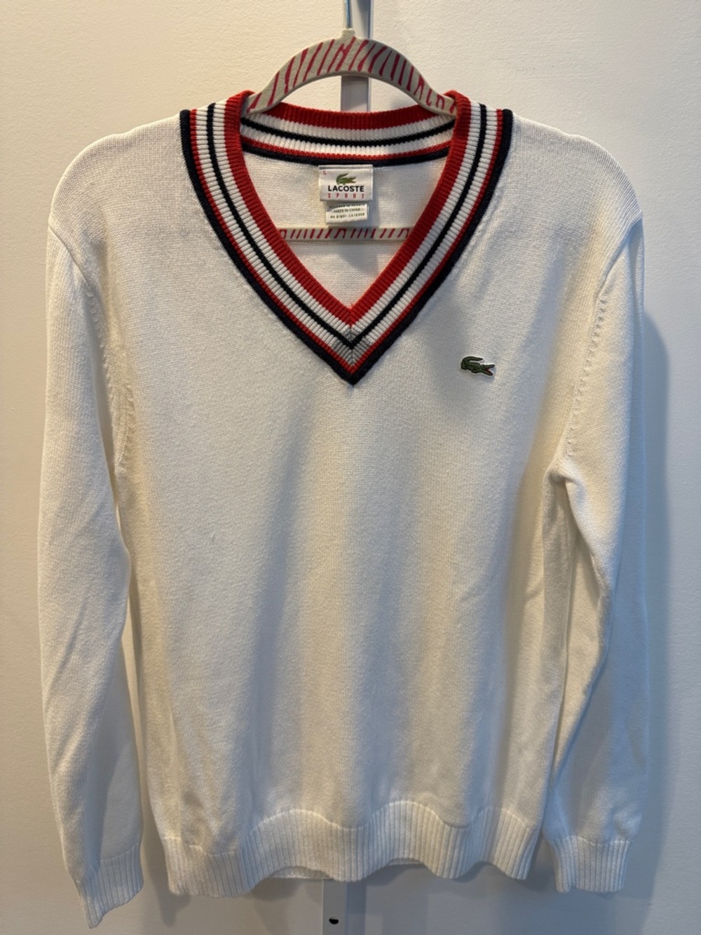 Lacoste Sport White V Neck Sweater Size 5 Cotton Knit Preppy Tennis Logo